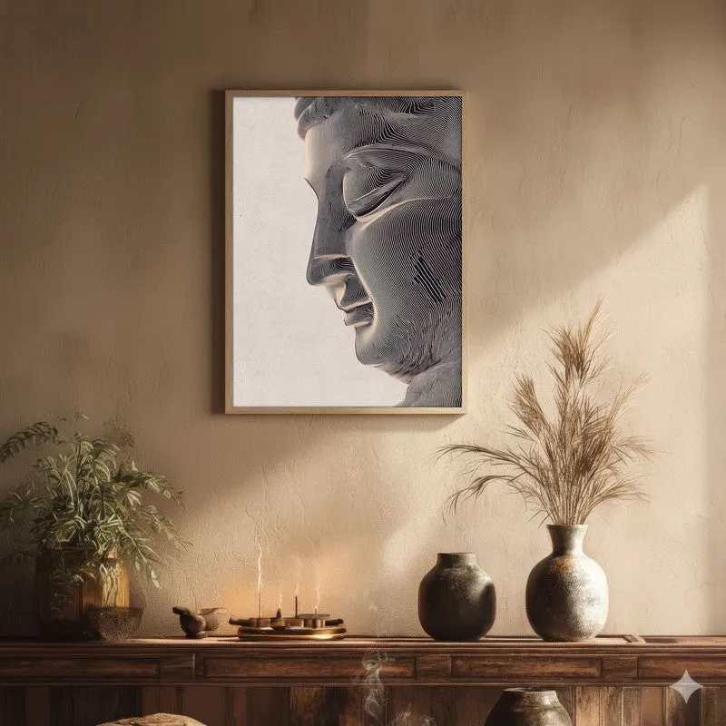 Stone Silence Buddha Wall Painting With Brown Frame media 1