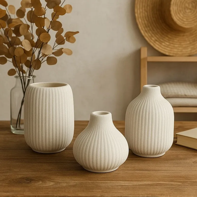 Artisan Ribbed Ceramic Vase - Set of Three media 4