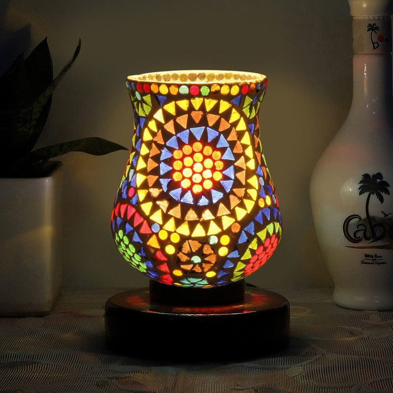 Sparkira Mosaic Glass Table Lamp With Wooden Base - Multicolor