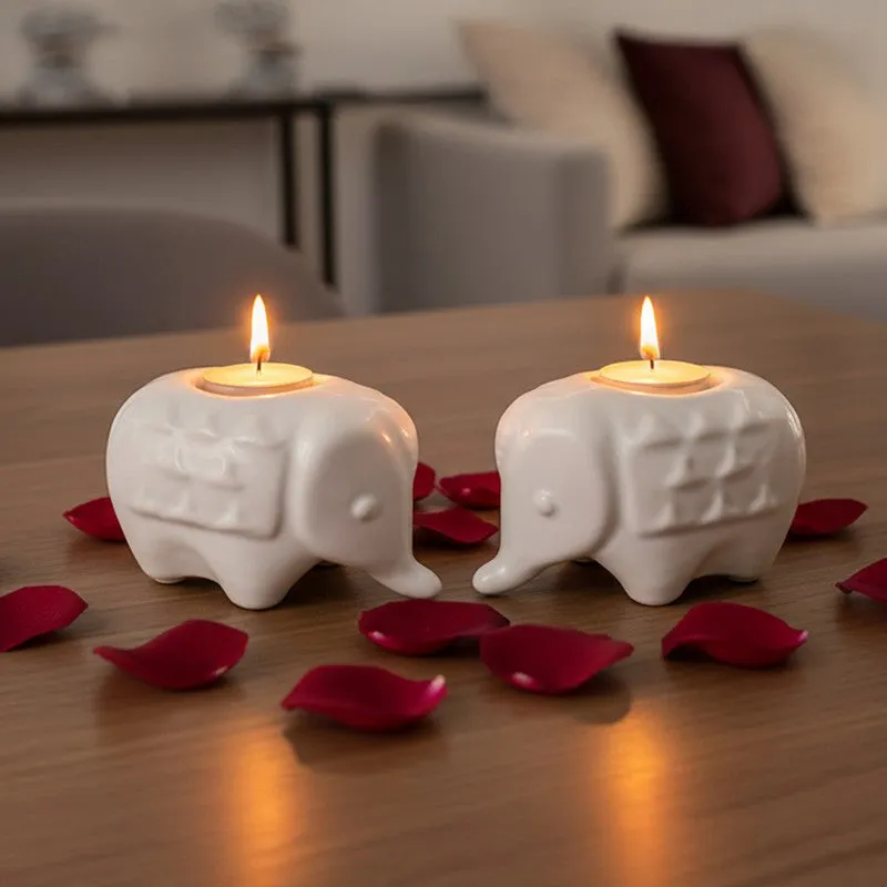 Ebony Elephant Ceramic Tea Light Candle Holders (White) - Set Of Two media 1