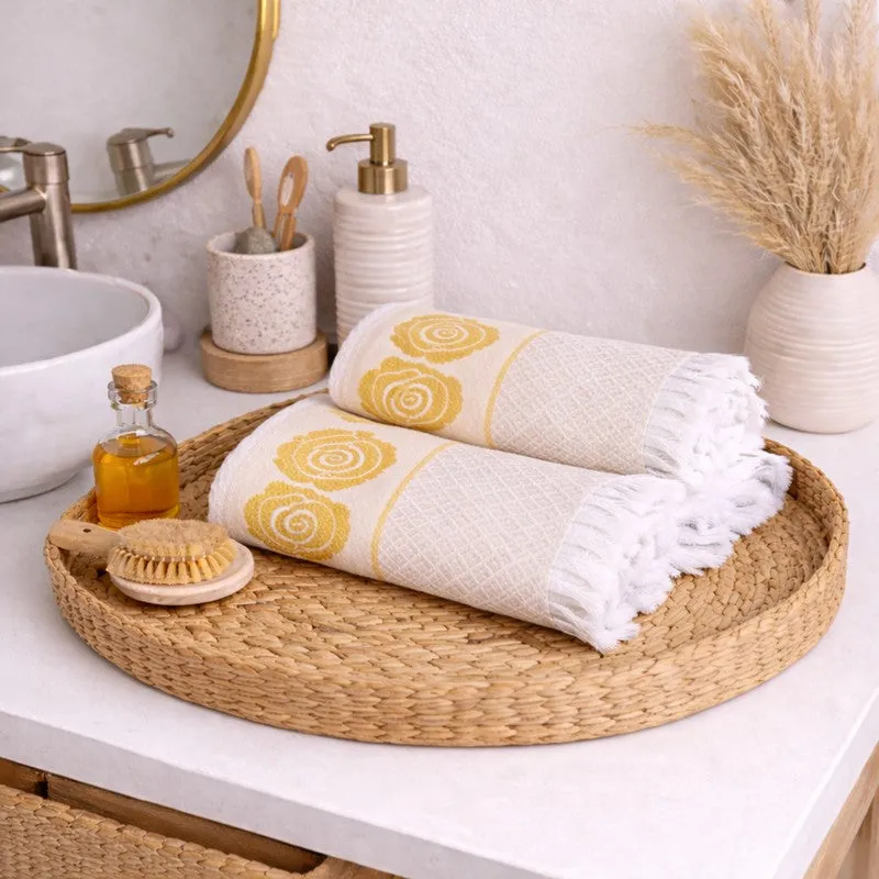 Rosette Cotton Hand & Bath Towel (Yellow & White) - Set of Two media 5
