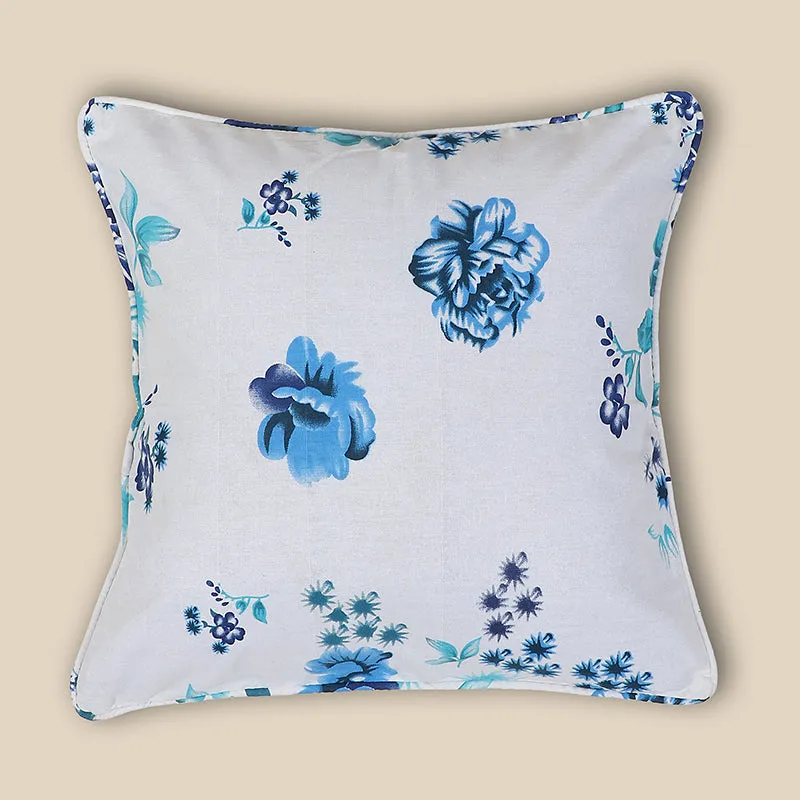 White square cushion cover with blue and teal floral print