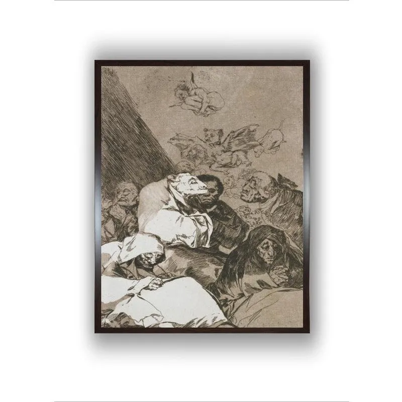 Front view of a rectangular framed sepia-toned wall painting on a white background