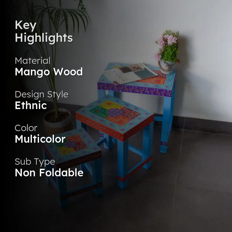 Eryx Folk Art Mango Wood Stool - Set Of Three media 2