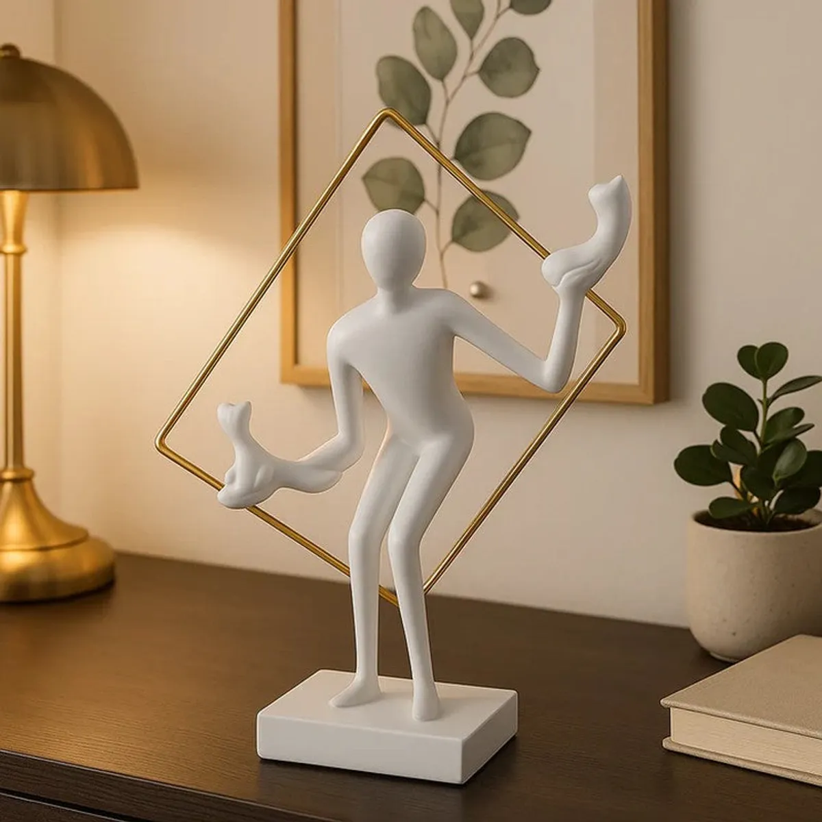 White abstract figure sculpture with a gold frame on a dark wooden table