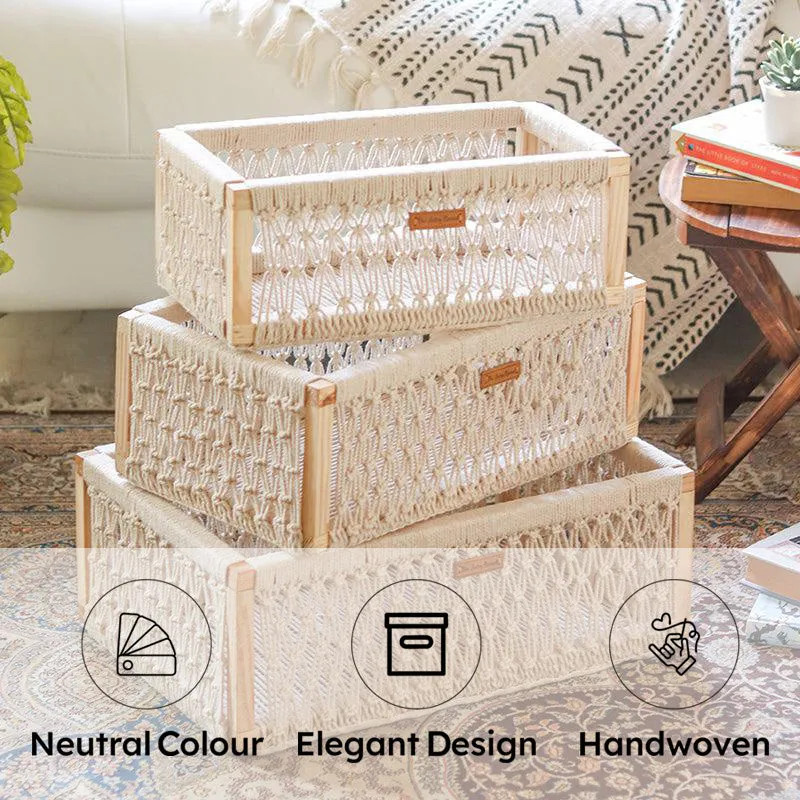 Boho Max Handcrafted Macrame (Wood,Cotton) Storage Basket - Set Of Three media 6