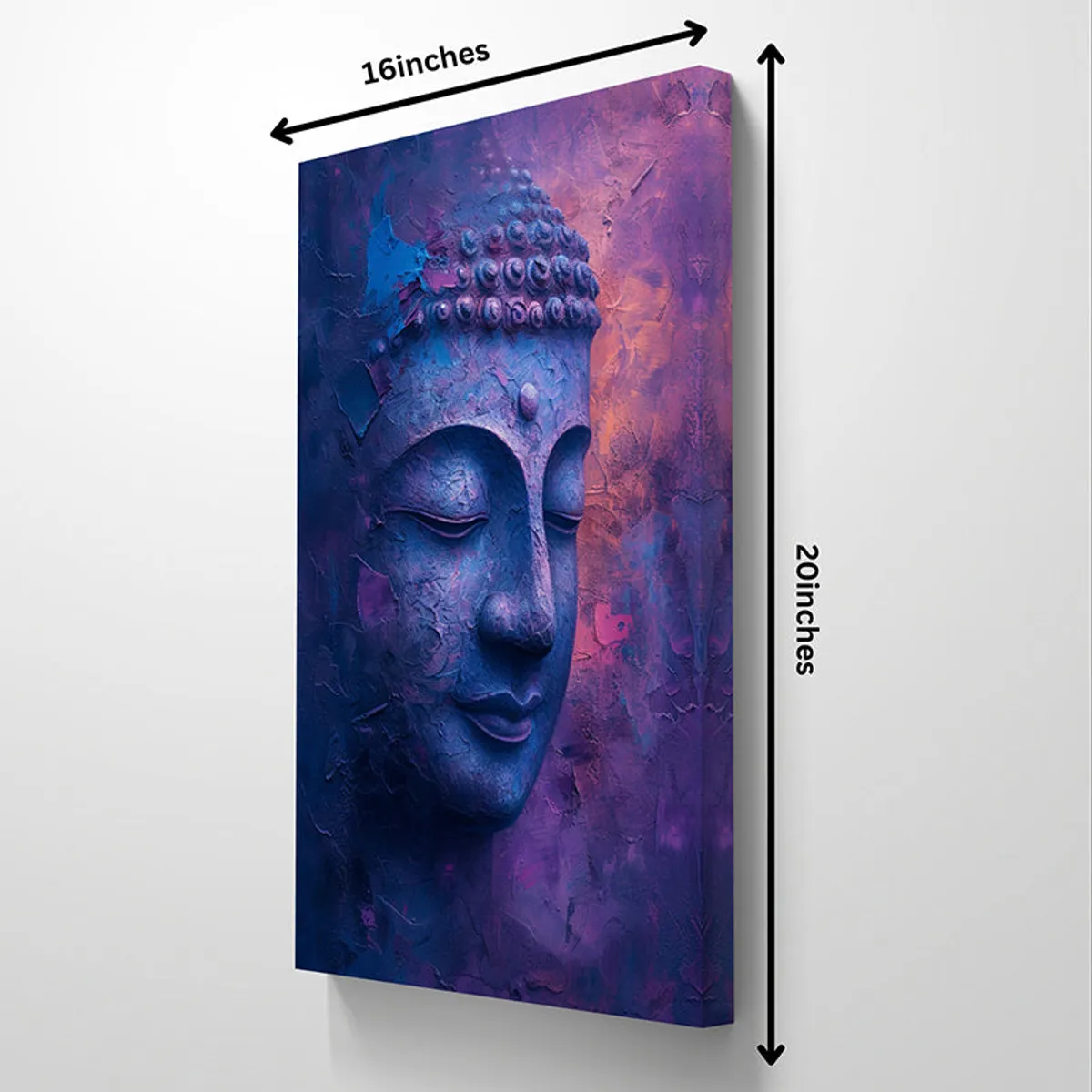 Angled view of rectangular Buddha canvas wall painting on a plain wall