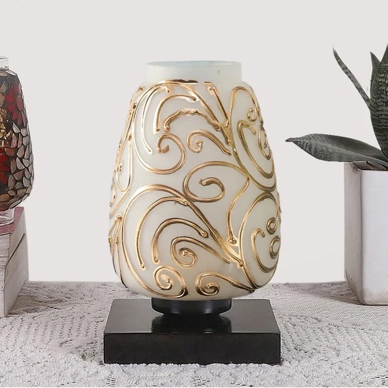 Fleckio Glass Table Lamp With Wooden Base - White & Gold media 4