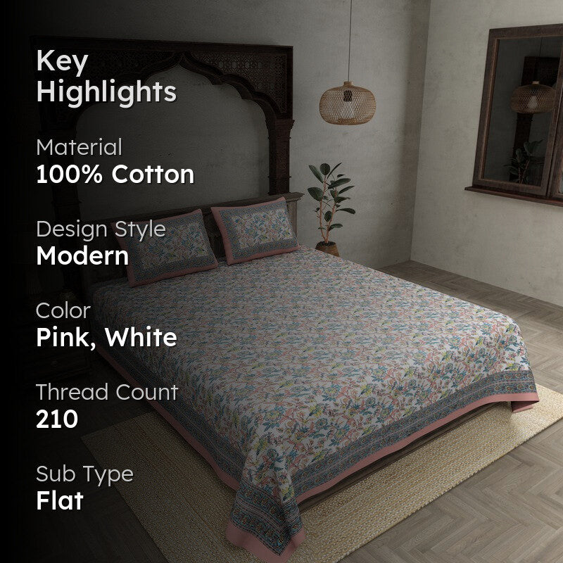 Miksha Floral Cotton Bedsheet (Pink) - 210 TC media 2