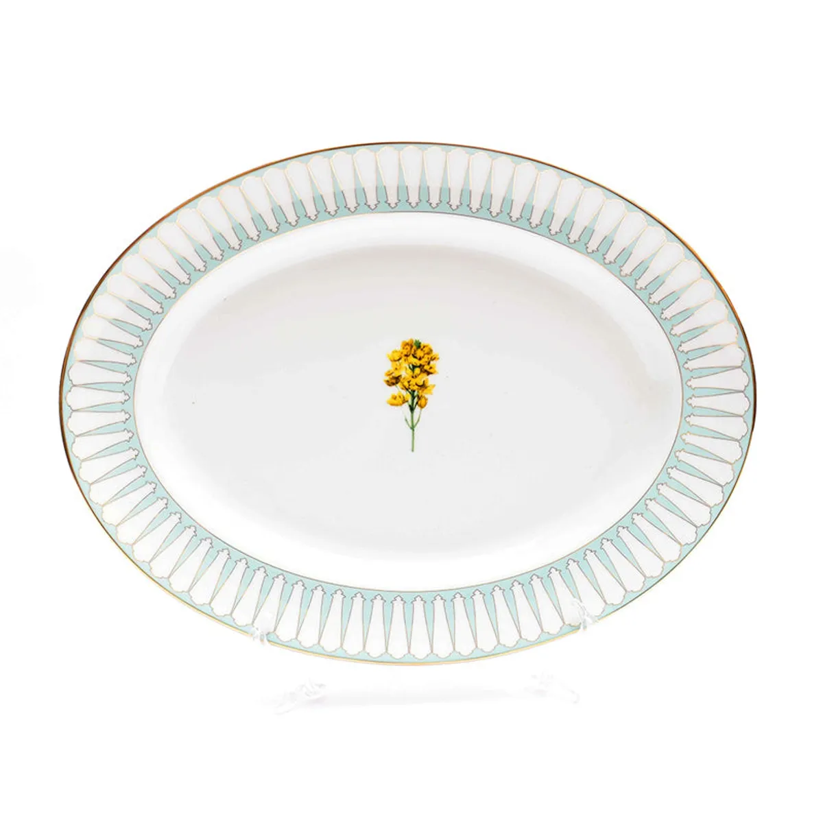 White oval platter with a floral centre and patterned gold-edged rim