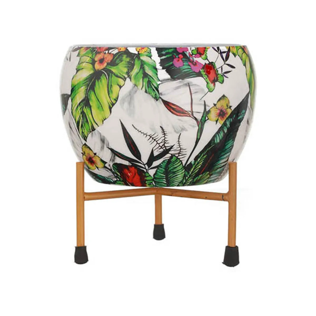 Single white planter with tropical leaf and floral print on a stand