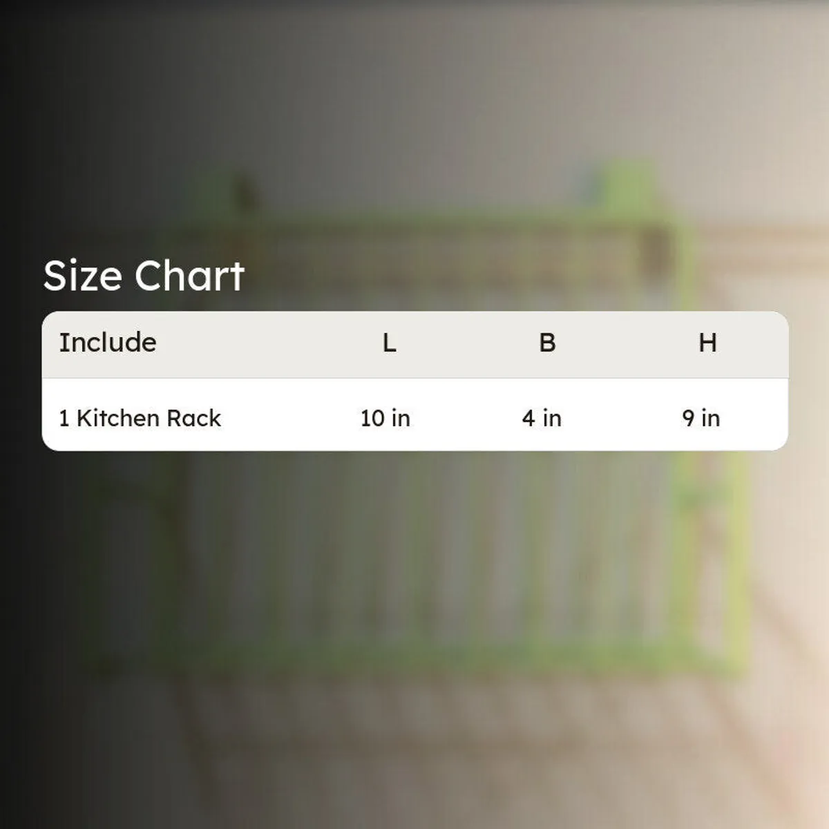 Size chart graphic for the green kitchen rack shelf