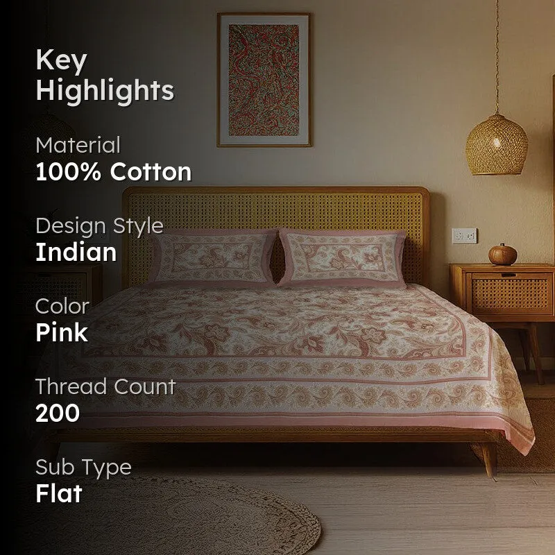 Pink floral bedsheet styled on a bed with highlight text overlay