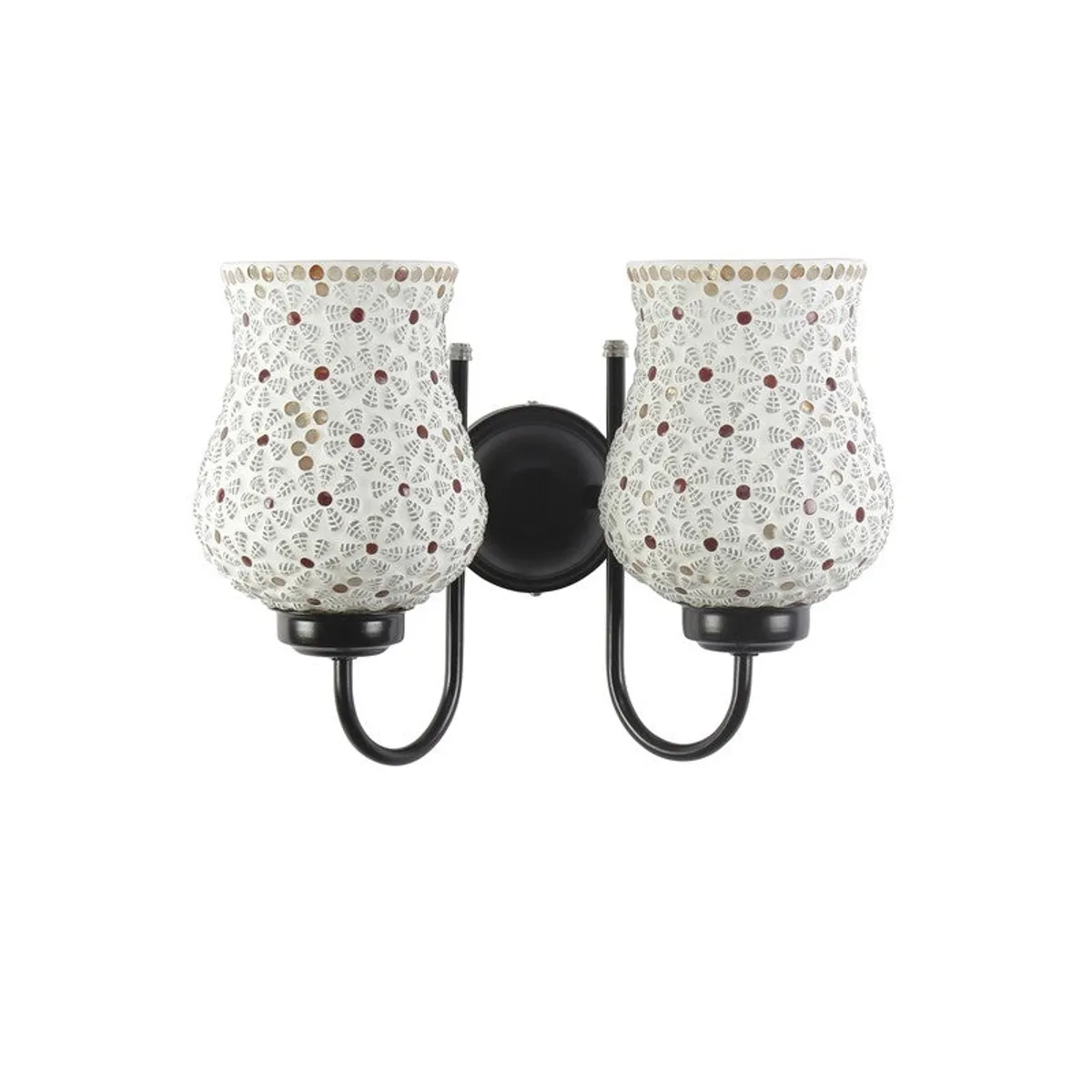 Front view of dual wall lamp with white patterned glass shades