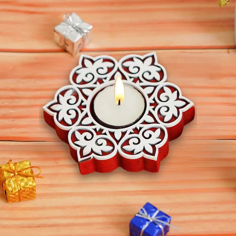 Winter Spark Carved Wood Tea Light Holder (Red) - Set Of Six media 3