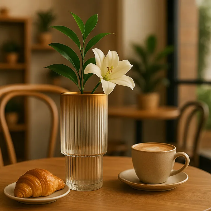 Tall ribbed glass vase with green stems and white lily beside coffee and croissant