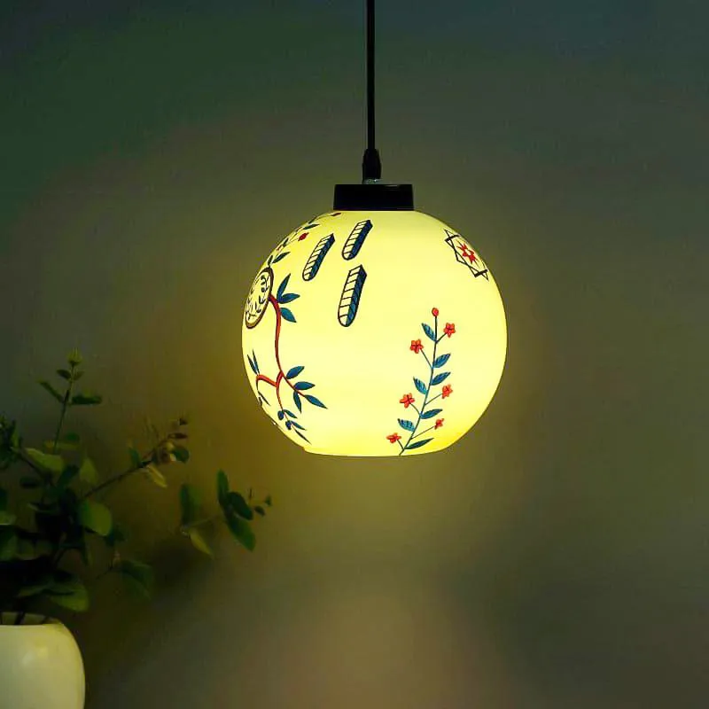 Botanical Berge Moon Hand Painted Glass Ceiling Lamp media 1