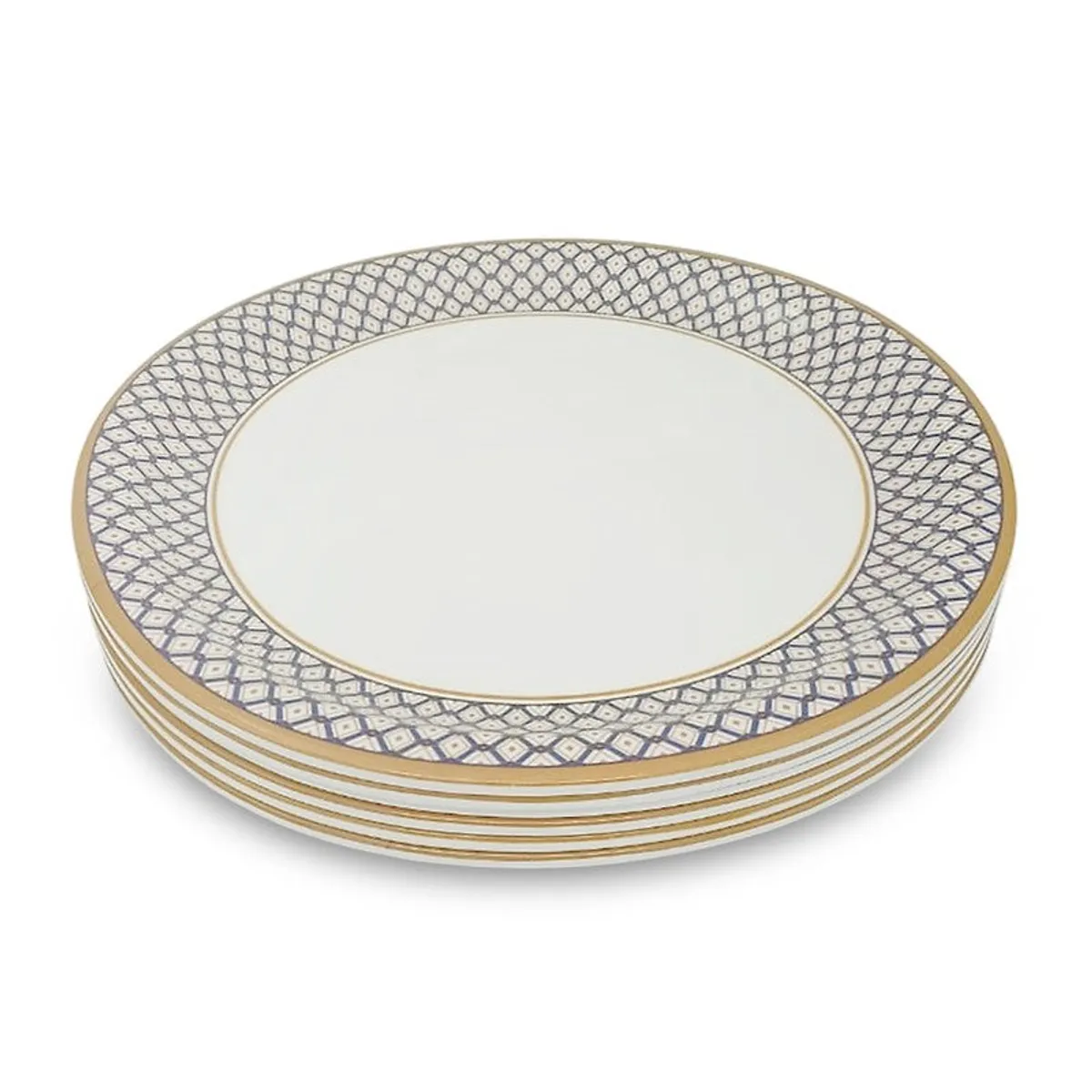 Stack of white dinner plates with blue geometric borders shown from the side