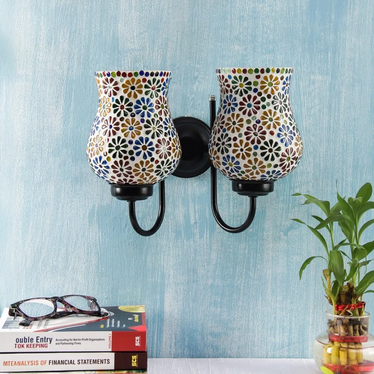 Unlit twin floral mosaic tulip wall lamp with black iron base