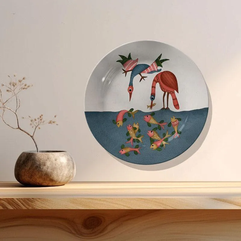 Fishing Cranes Gond Art Wall Plate media 1