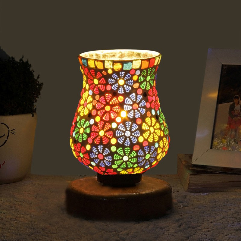 Raymira Mosaic Glass Table Lamp With Wooden Base - Multicolor