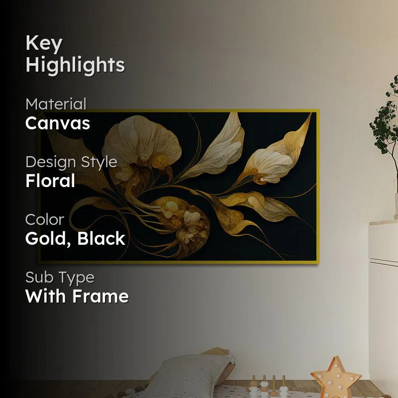 Aurum & Obsidian Floral Canvas Wall Painting With Frame - Gold media 2