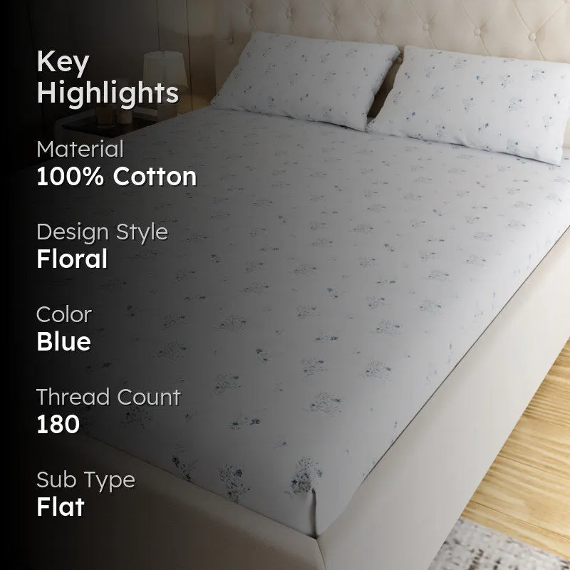 Blossomway Floral Cotton Bedsheet (Blue) - 180 TC media 2