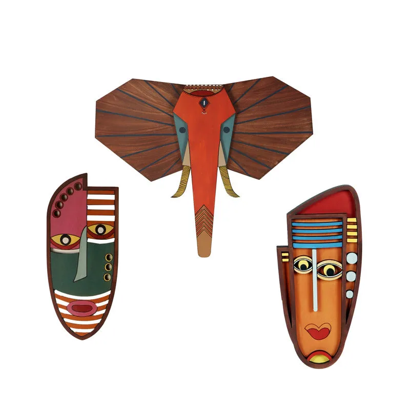 Jungle Gajraja Mask Wooden Wall Accent - Set of Three media 3