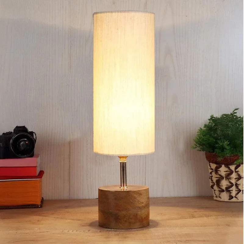 Rustic Wood & Fabric Table Lamp - Beige,Brown media 1