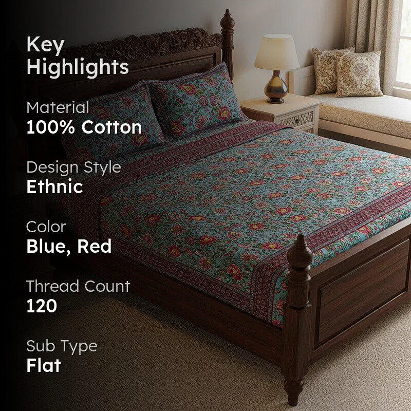 Alderidge Floral Printed Cotton Bedsheet (Sea Green) - 120 TC media 2