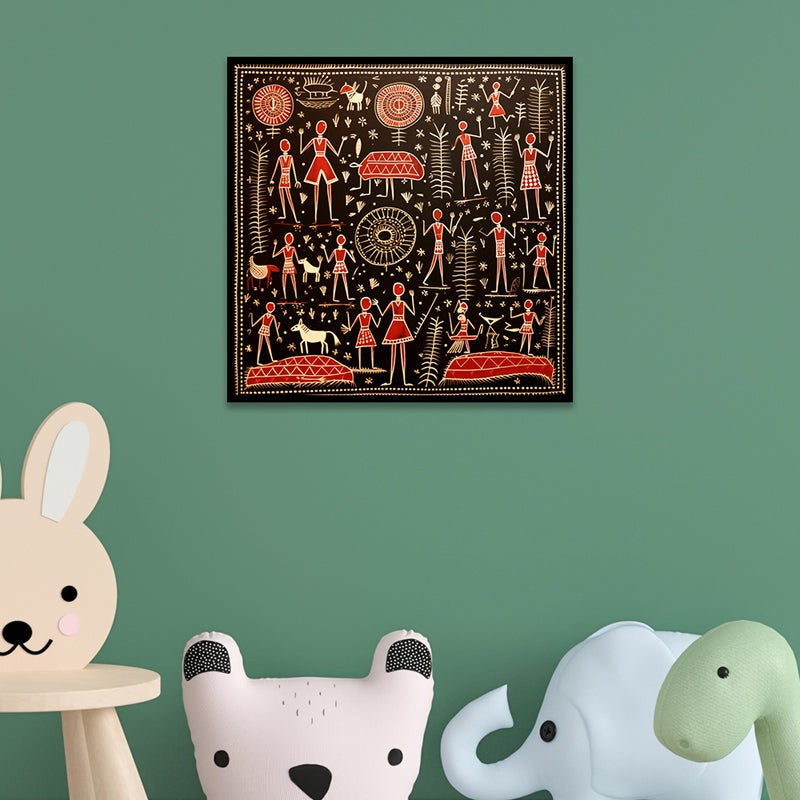 Warli Chaos Canvas Wall Art With Frame media 6