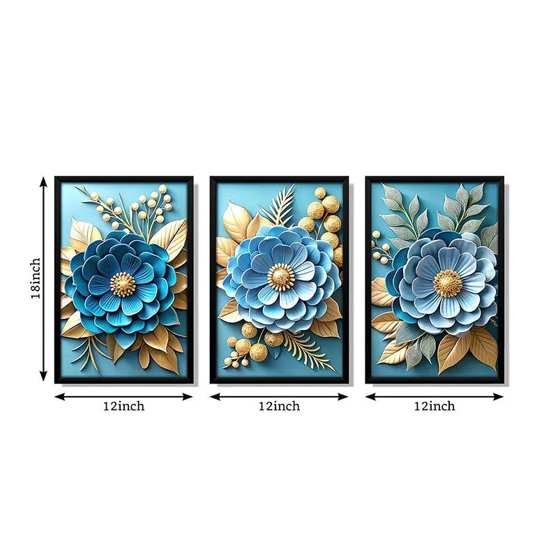 Cerulean Blooms Wall Art With Frame - Set Of Three media 7