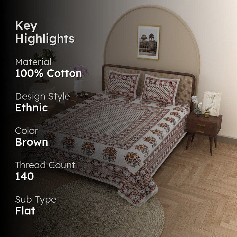 Prerna Ethnic Printed Cotton Bedsheet (Brown) - 140 TC media 2