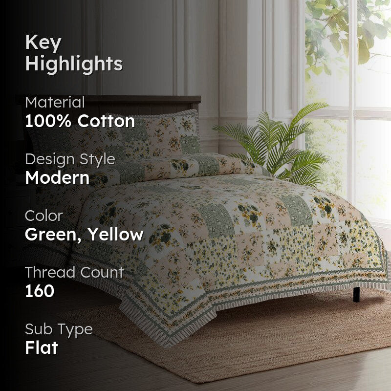 Buola Floral Cotton Bedsheet (Green,Yellow) - 160 TC media 2