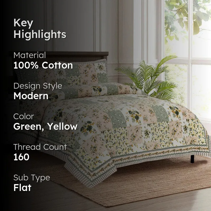 Buola Floral Cotton Bedsheet (Green,Yellow) - 160 TC media 2