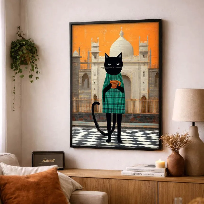 Serene Sips Cat Wall Painting With Frame media 4