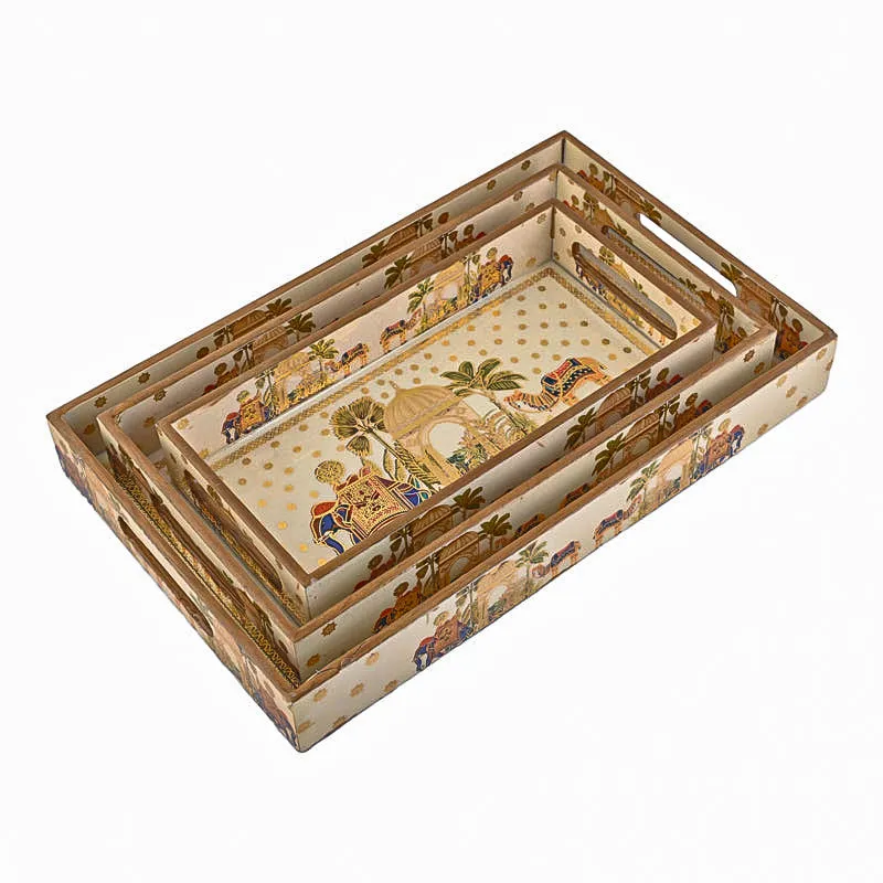 Rajvaha Premium Beige MDF Serving Tray Set - Pack of 3 media 4