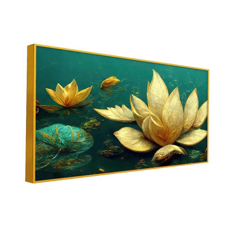 Gilded Ivory Lotus Floral Canvas Wall Painting With Frame - Gold media 5