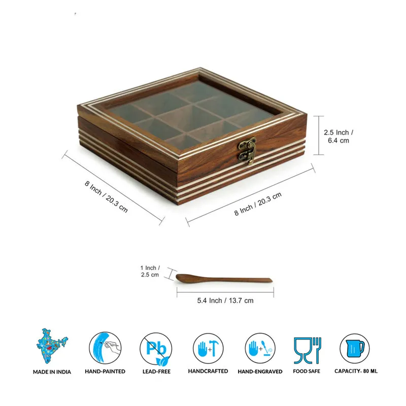 Brown wooden spice box with transparent lid and spoon on a white background