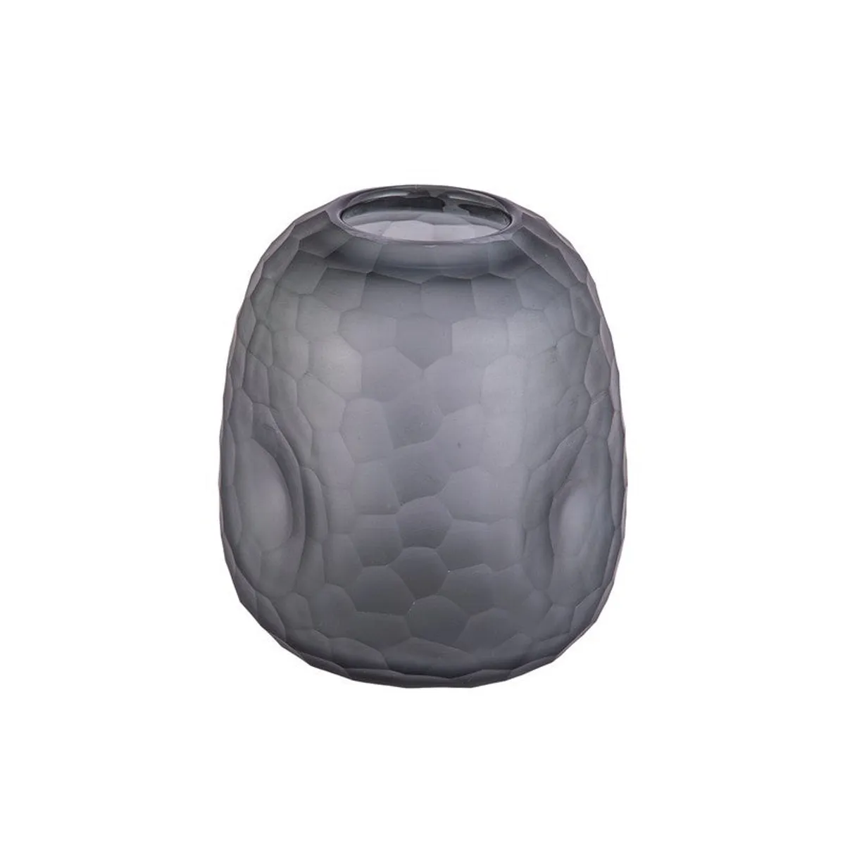 Angled view of the smoky grey textured glass vase on a white background