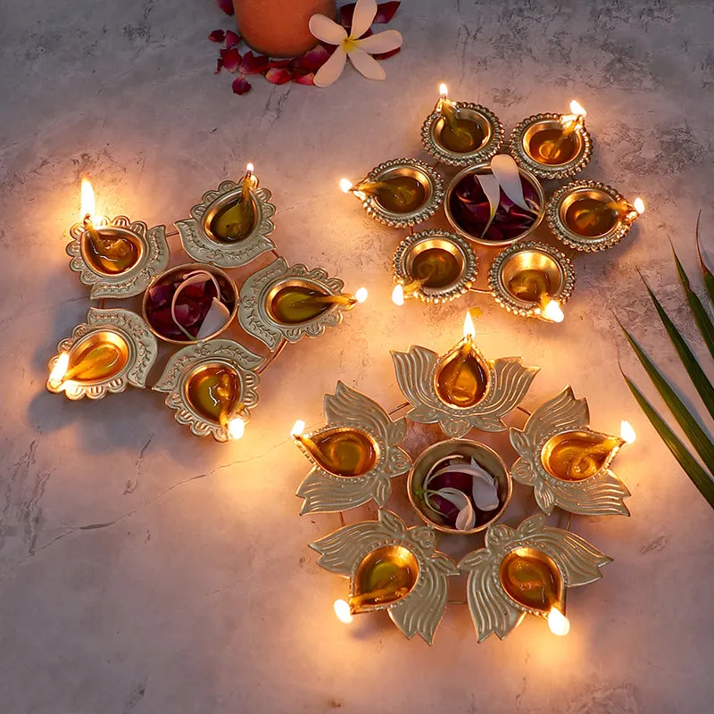 Intricate Flower Iron Diya - Set Of Three media 3