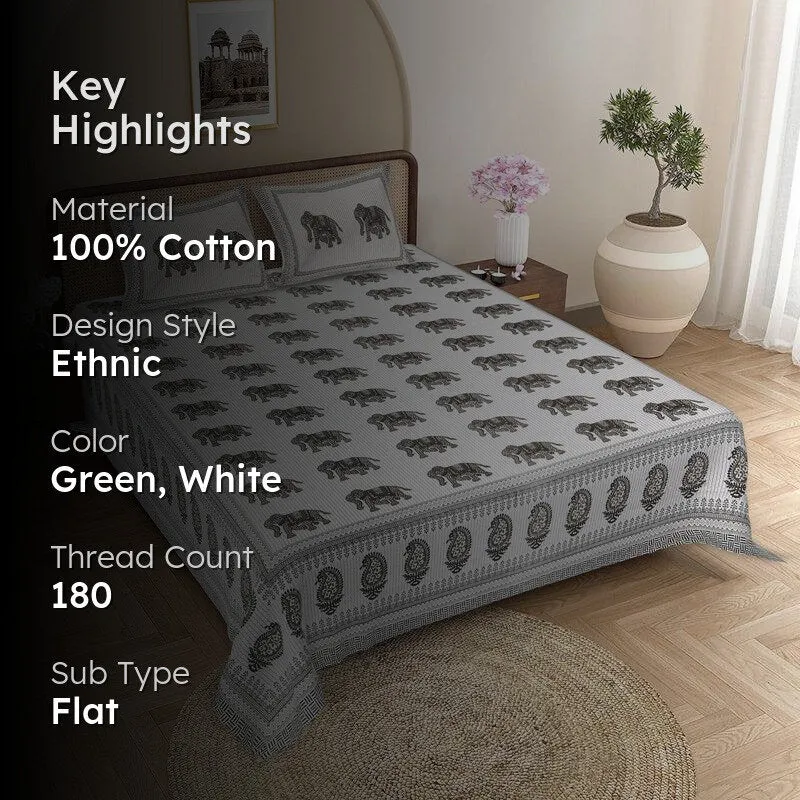 Viraj Ethnic Cotton Bedsheet (Green & White) - 180 TC media 2