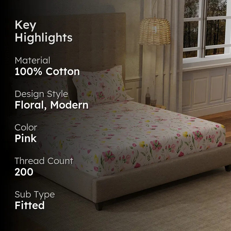 Urban Space Meadows Rose Cotton Bedsheet (Pink) - 200 TC media 2