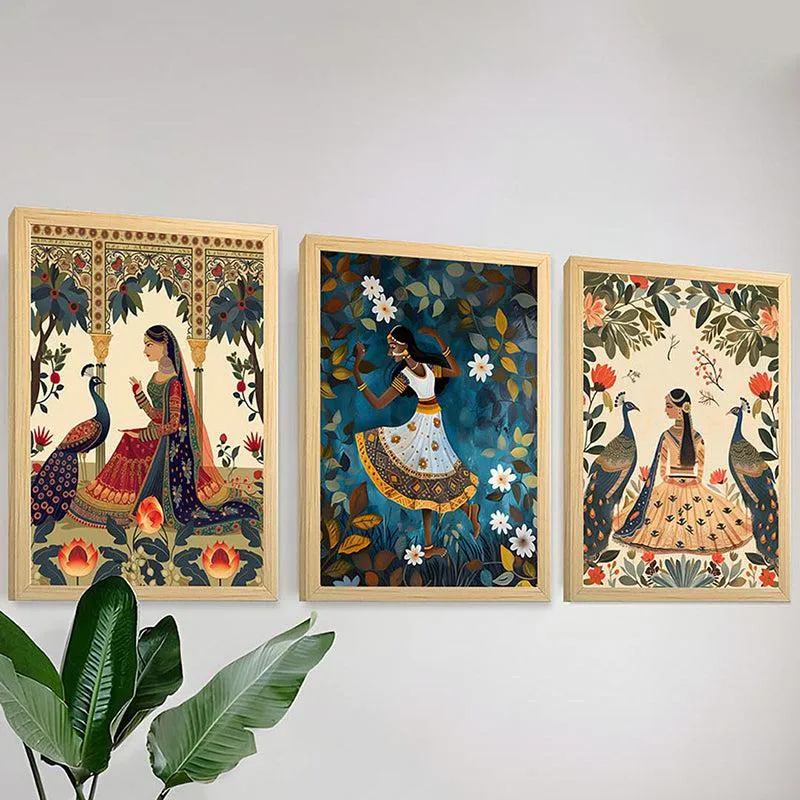 Mayura Sundari Mughal Wall Art With Frame (Blue) - Set Of Three media 4