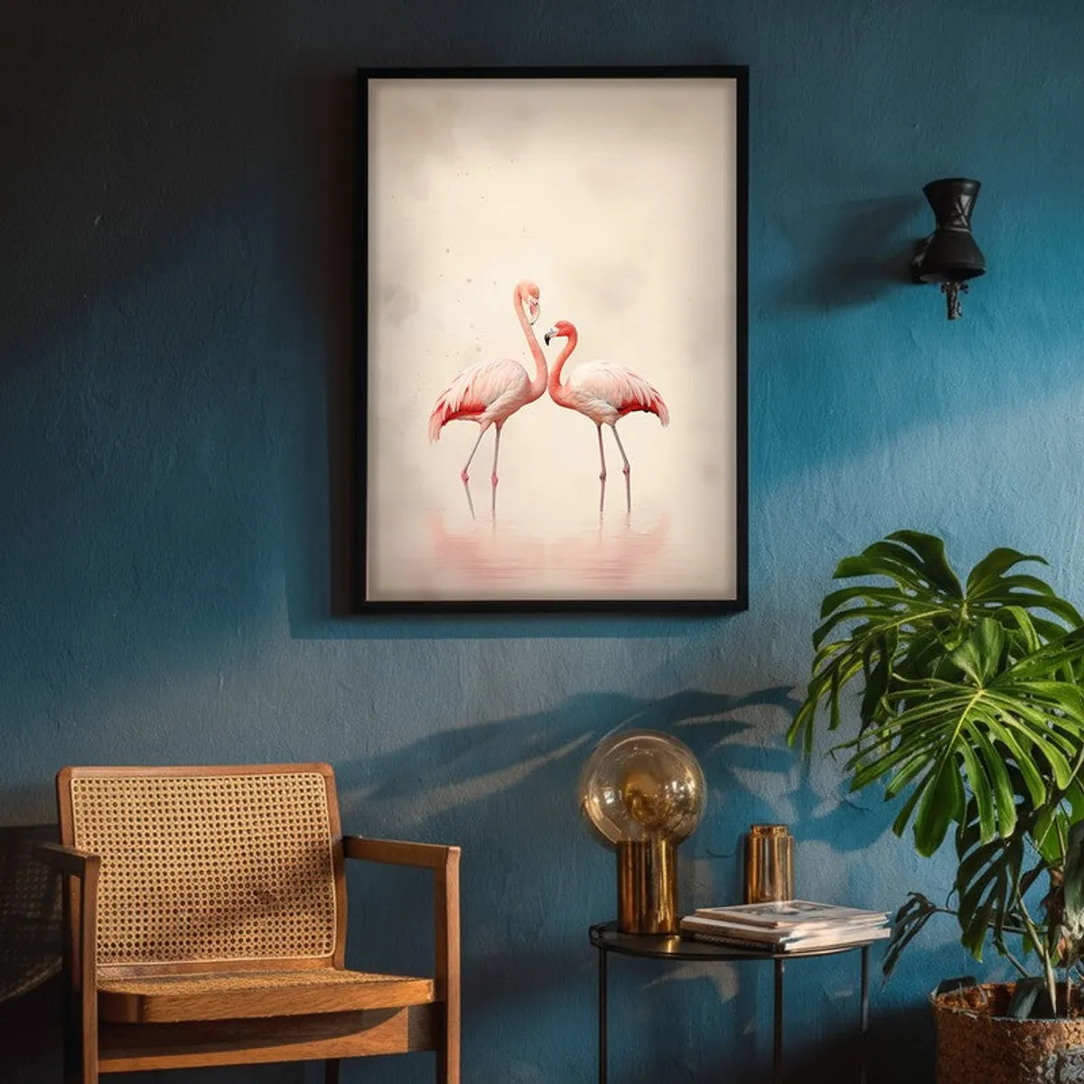 Framed flamingo wall art on a deep blue wall beside a chair and plant