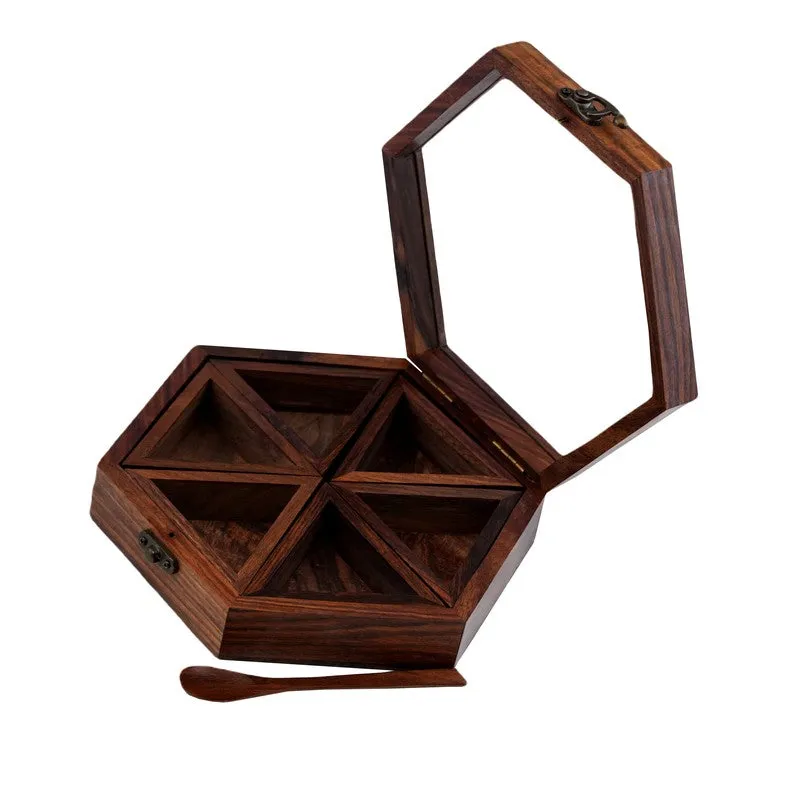 Pantry Sheesham Wood Hexagon Masala Box - Eight Piece Set media 5