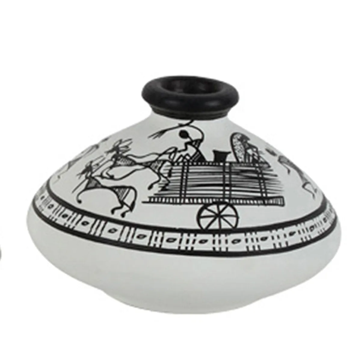 Small white urn vase with black tribal cart motif on a white background