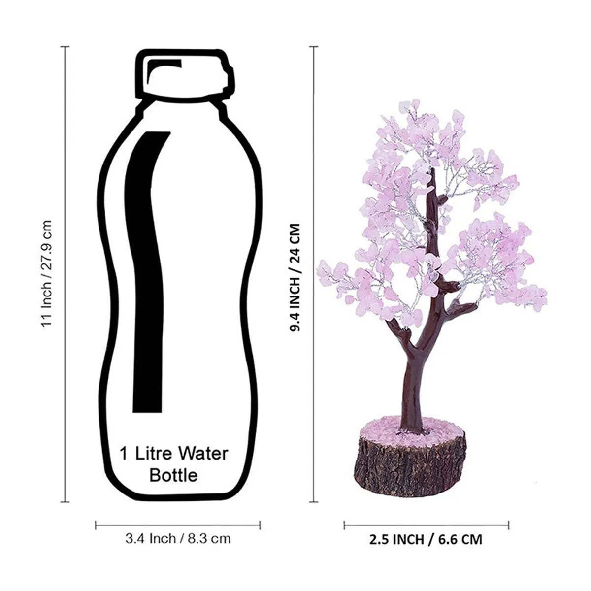 Pink crystal wish tree showpiece placed beside a bottle silhouette for size comparison