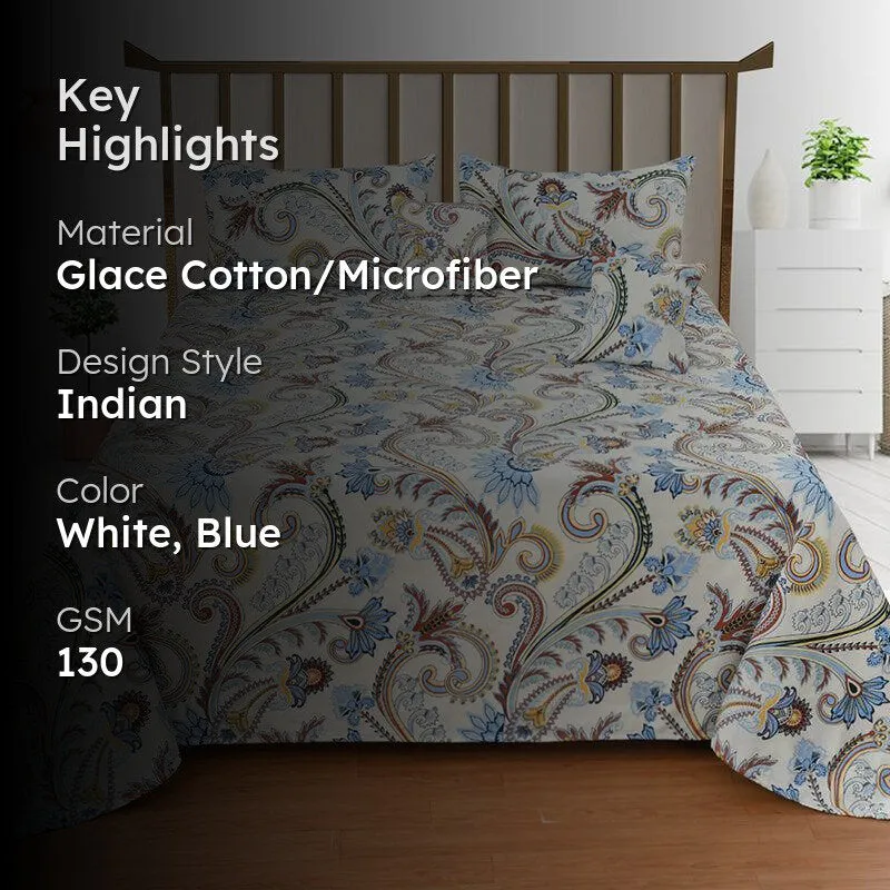 Rajput Weaves Ethnic Quilted Bedding Set (Off White & Blue) - Five Piece Set media 2