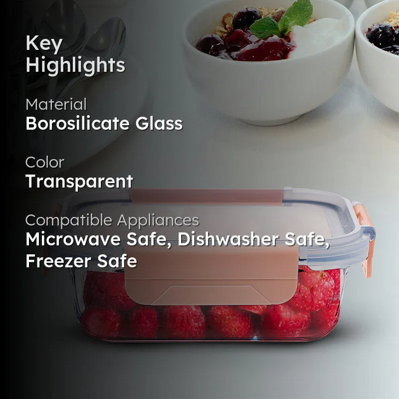 Transparent glass lunch box filled with strawberries against a dark background.